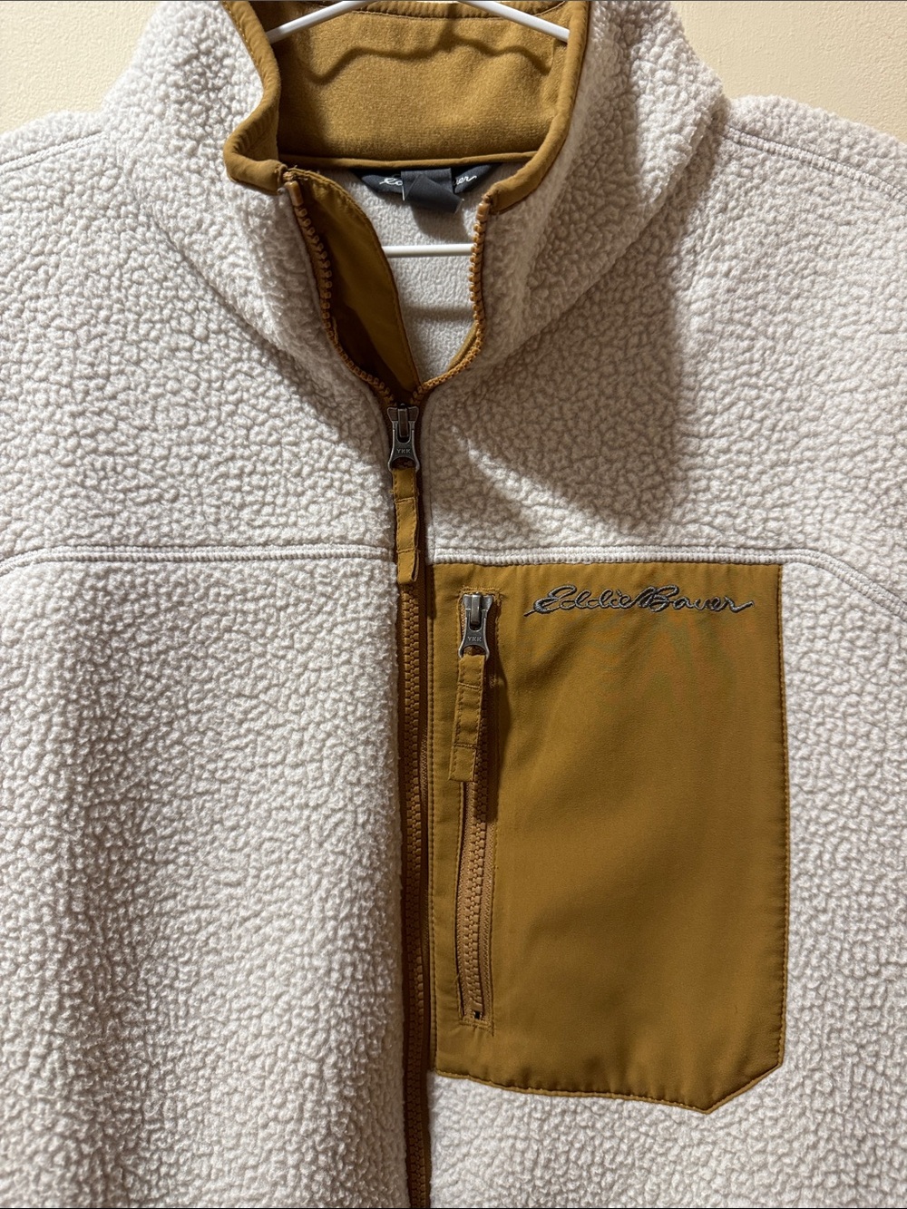 Eddie Bauer Cream Sherpa Fleece with Mustard Accent Pocket Large